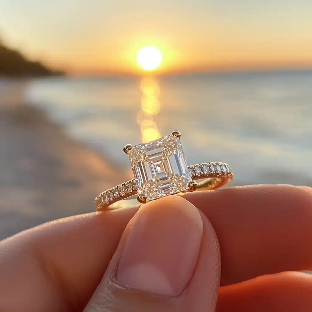 Radiant engagement ring in the sunset.